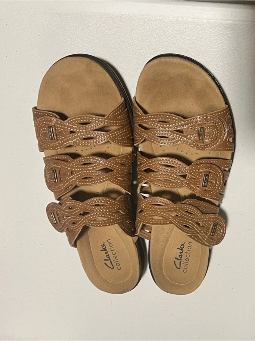 Clarks Brown Triple-Strap Braided Slide Sandals